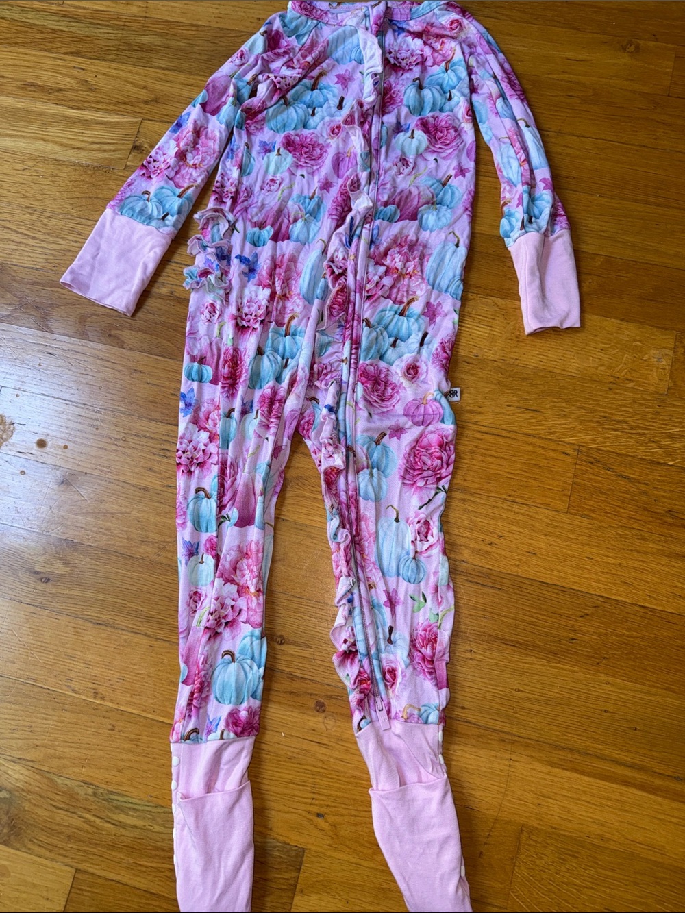 Bums & Roses Pink Pumpkin Floral Ruffle Convertible Bamboo Pajamas 3T